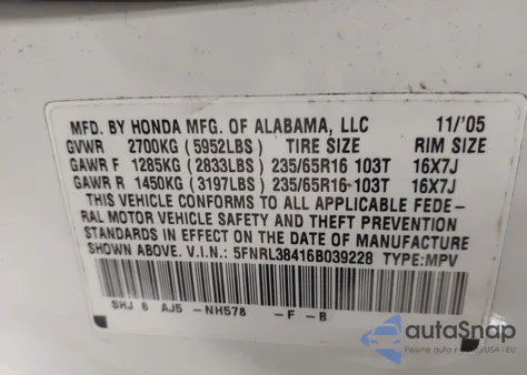 2006 Honda Odyssey Ex z USA, uszkodzony, nr VIN 5FNRL38416B039228